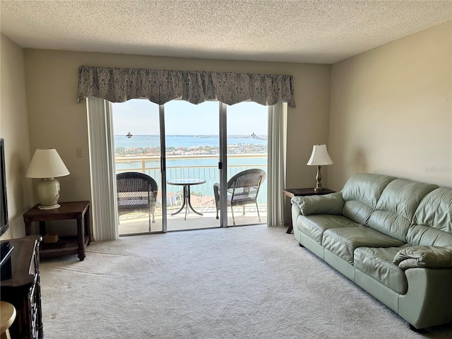 carpeted living room featuring a textured ceiling and a water view