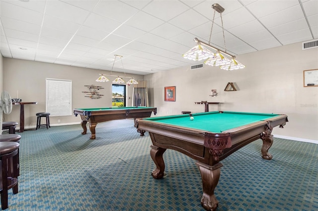recreation room with carpet floors, baseboards, visible vents, and billiards