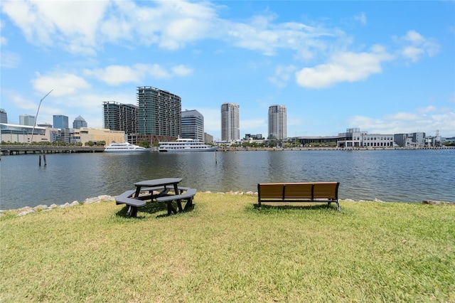 view of water feature with a view of city