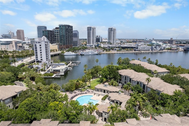 bird's eye view with a water view and a city view