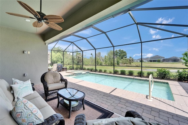 5828 Clairwood Ct, Palmetto, FL 34221 - view of pool with a patio, an outdoor hangout area, a ceiling fan, a pool with connected hot tub, and glass enclosure