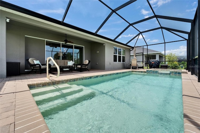5828 Clairwood Ct, Palmetto, FL 34221 - view of pool with a patio area, ceiling fan, an outdoor living space, and glass enclosure