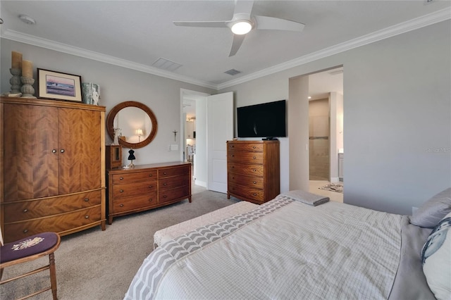 5828 Clairwood Ct, Palmetto, FL 34221 - carpeted bedroom with ornamental molding, a ceiling fan, and connected bathroom