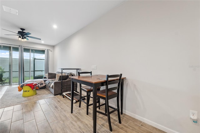 dining space featuring a ceiling fan, light wood-type flooring, visible vents, baseboards, and recessed lighting