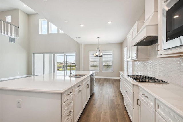34084 Torrent Ln, Wesley Chapel, FL 33543 - kitchen featuring appliances with stainless steel finishes, a sink, baseboards, dark wood finished floors, and decorative backsplash