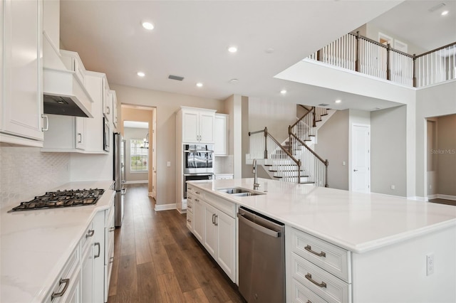 34084 Torrent Ln, Wesley Chapel, FL 33543 - kitchen with appliances with stainless steel finishes, a sink, white cabinetry, baseboards, and dark wood finished floors