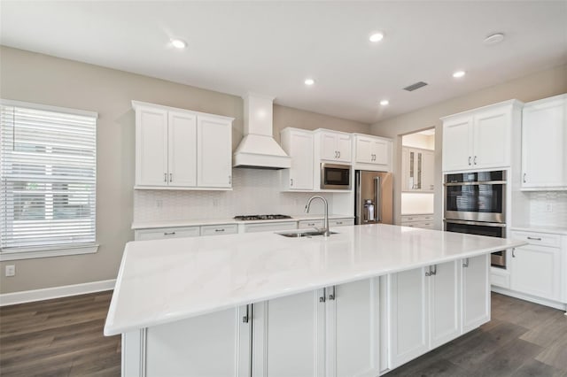 34084 Torrent Ln, Wesley Chapel, FL 33543 - kitchen featuring premium range hood, stainless steel appliances, a sink, tasteful backsplash, and dark wood-type flooring