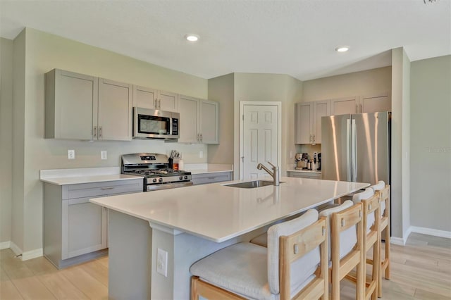 kitchen featuring baseboards, a sink, gray cabinetry, and stainless steel appliances