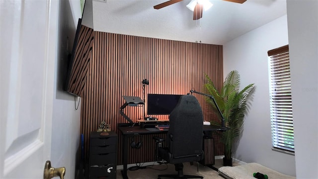 13653 Artesa Bell Dr, Riverview, FL 33579 - home office featuring ceiling fan and carpet flooring