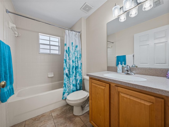 bathroom with toilet, visible vents, shower / bath combination with curtain, tile patterned flooring, and vanity