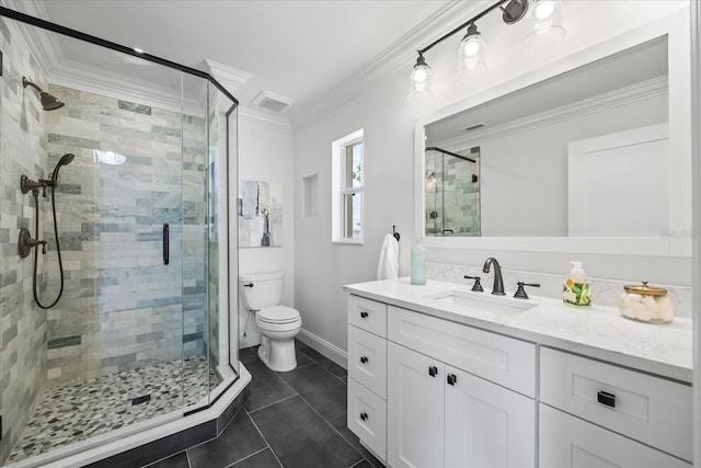 bathroom with visible vents, a stall shower, tile patterned floors, toilet, and ornamental molding