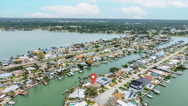 aerial view featuring a water view and a residential view
