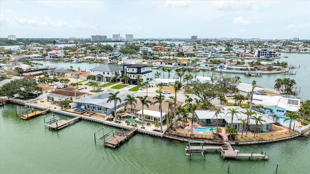aerial view featuring a residential view and a water view