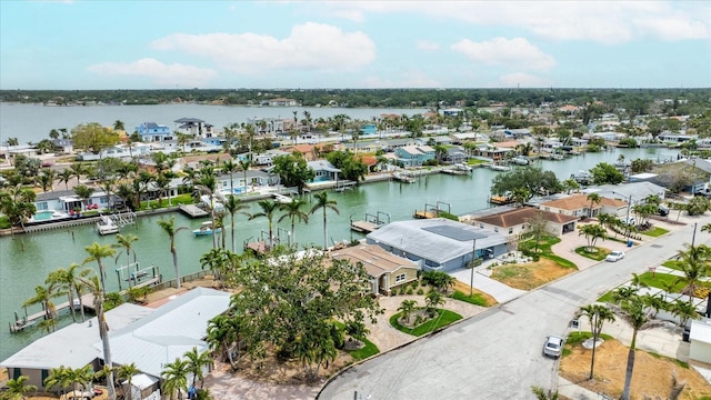 aerial view with a water view and a residential view