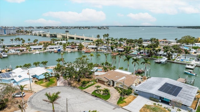 aerial view featuring a water view and a residential view