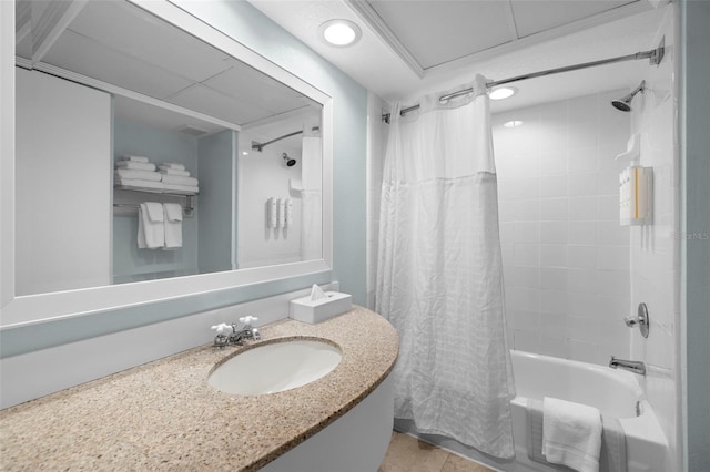 bathroom featuring shower / bath combination with curtain, recessed lighting, tile patterned floors, and vanity