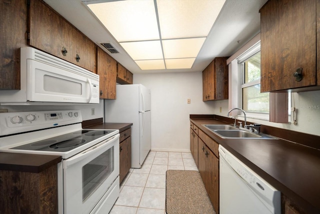 kitchen with light tile patterned floors, white appliances, visible vents, a sink, and dark countertops