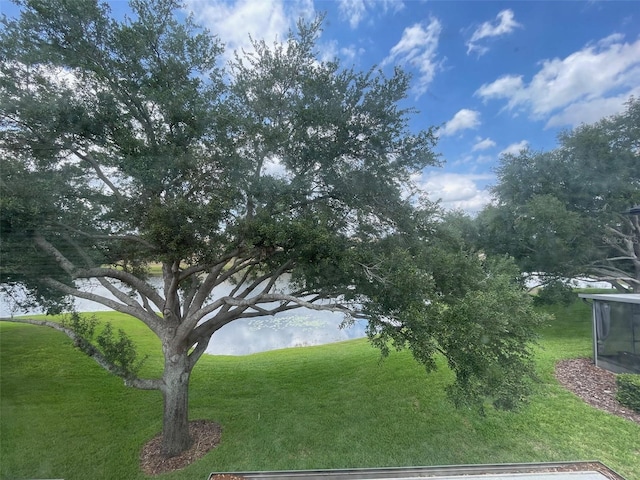 view of grassy yard featuring a water view