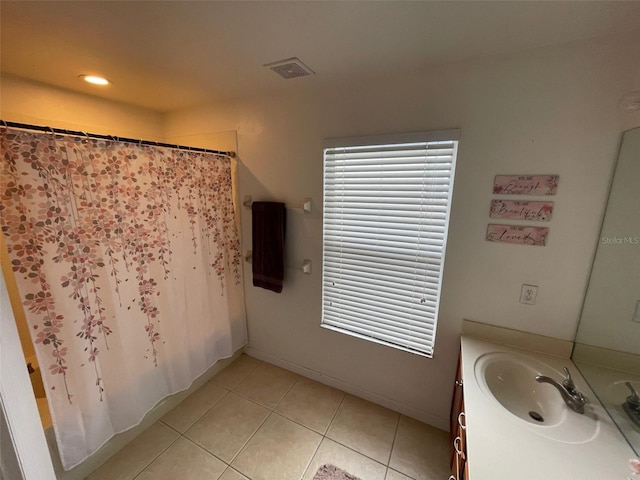 bathroom with tile patterned flooring, vanity, recessed lighting, a shower with shower curtain, and baseboards