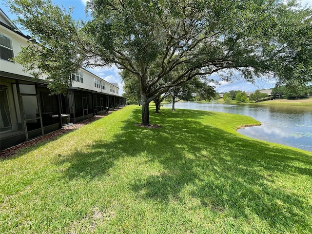 view of grassy yard with a water view
