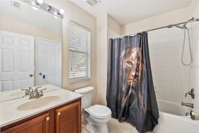 full bathroom featuring vanity, shower / tub combo, toilet, and tile patterned floors