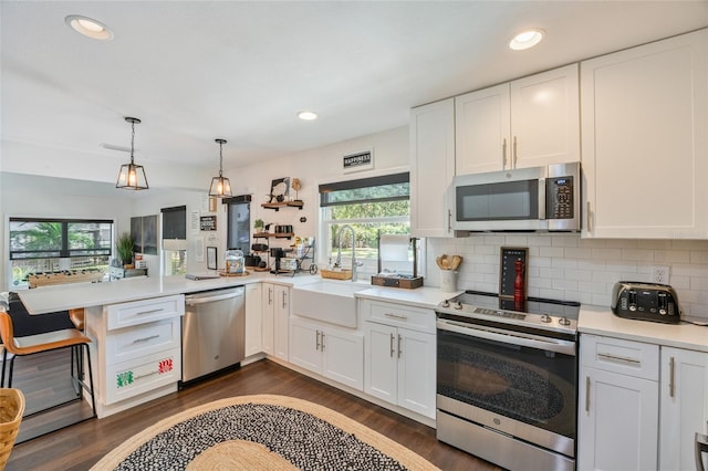 kitchen with a peninsula, light countertops, plenty of natural light, and stainless steel appliances