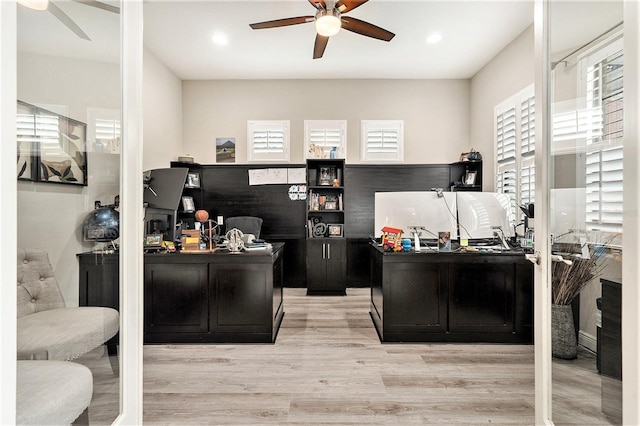 office space featuring light wood-type flooring, recessed lighting, and ceiling fan