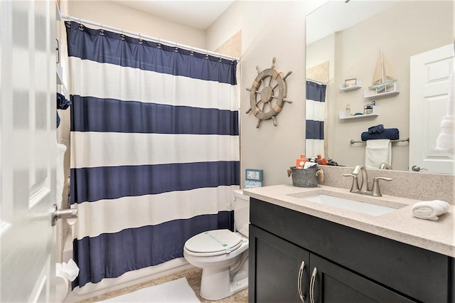 full bath featuring toilet, tile patterned floors, a shower with curtain, and vanity