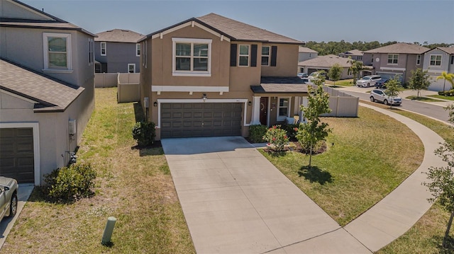 view of front of house with a residential view, a garage, stucco siding, concrete driveway, and a front lawn