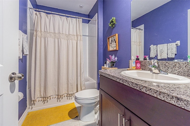 full bath featuring toilet, shower / tub combo, and vanity