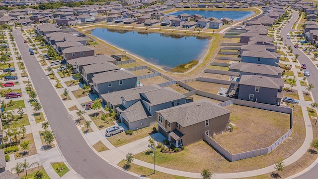 birds eye view of property with a water view and a residential view