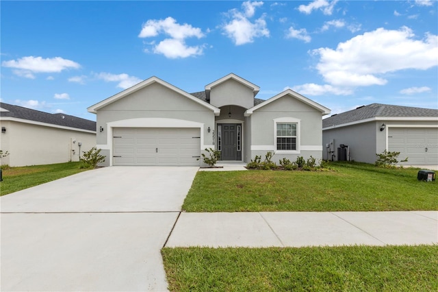 ranch-style home featuring concrete driveway, a front lawn, an attached garage, and stucco siding
