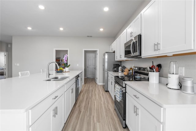 kitchen with stainless steel appliances, a sink, light wood finished floors, recessed lighting, and white cabinets