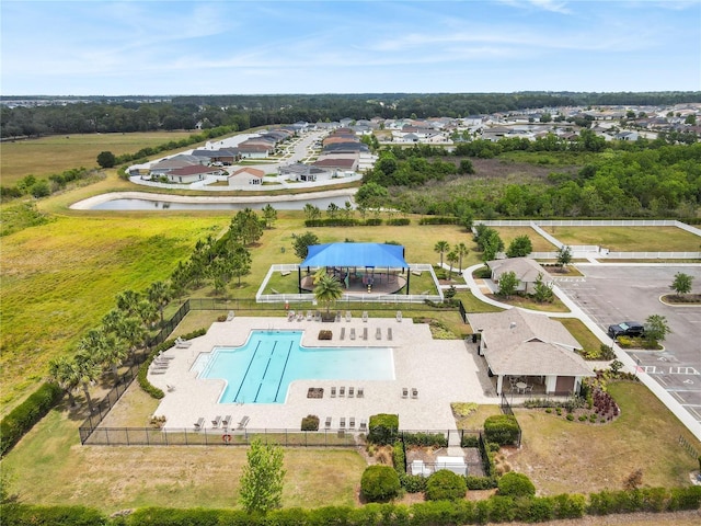 drone / aerial view of a pool