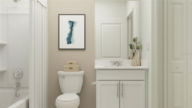 full bath featuring toilet, shower / bath combo with shower curtain, and vanity