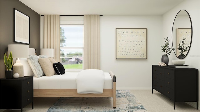 bedroom featuring baseboards and light carpet