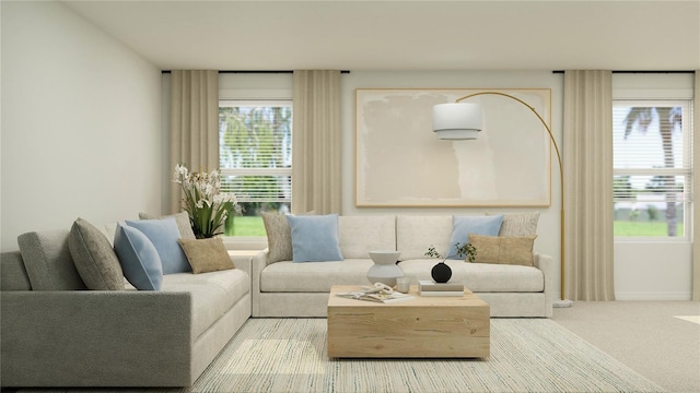 carpeted living area with baseboards