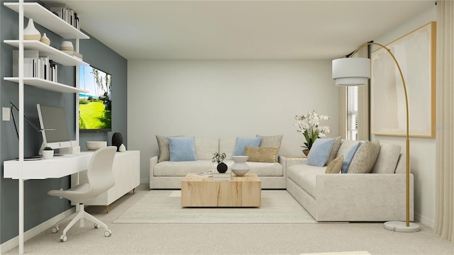 carpeted living room with baseboards