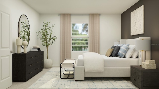 bedroom featuring light colored carpet