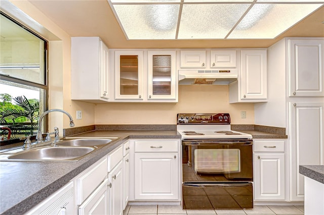 kitchen featuring under cabinet range hood, white cabinetry, electric range oven, and a sink