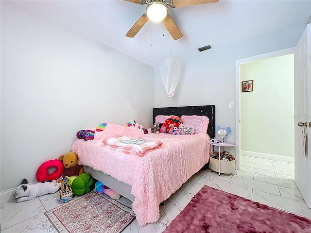 bedroom featuring lofted ceiling, baseboards, marble finish floor, ceiling fan, and visible vents