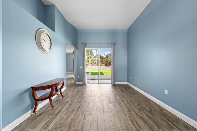 2808 Abbey Grove Dr, Valrico, FL 33594 - spare room featuring arched walkways and wood finished floors