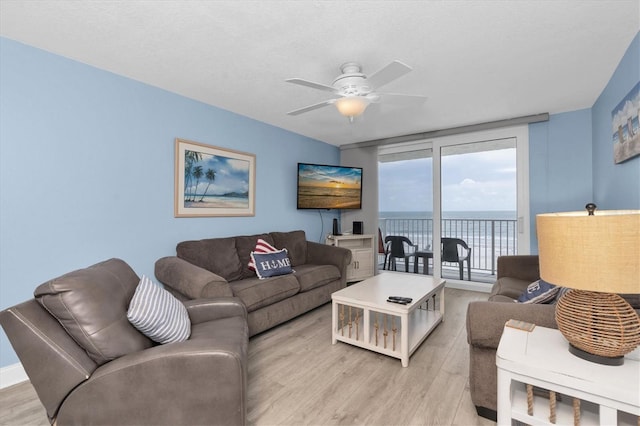 18650 Gulf Blvd Unit 203, Indian Shores, FL 33785 - living area featuring light wood-style floors, ceiling fan, and expansive windows