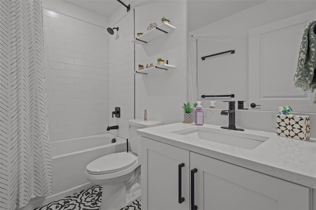 full bath with toilet, shower / bathtub combination, and vanity