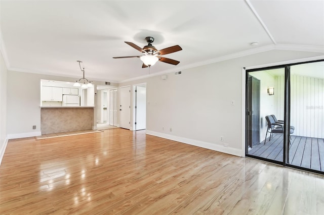 unfurnished living room featuring ceiling fan, light wood-style floors, baseboards, and crown molding
