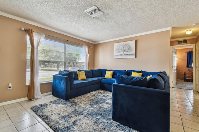 8531 Woodcrest Dr, Port Richey, FL 34668 - living room with light tile patterned floors, ornamental molding, baseboards, and a textured ceiling