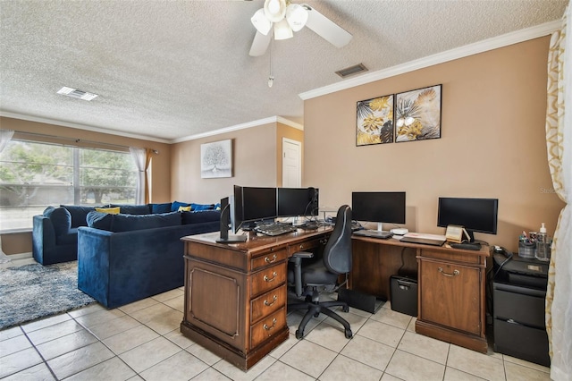 8531 Woodcrest Dr, Port Richey, FL 34668 - office featuring light tile patterned flooring, a textured ceiling, crown molding, and a ceiling fan
