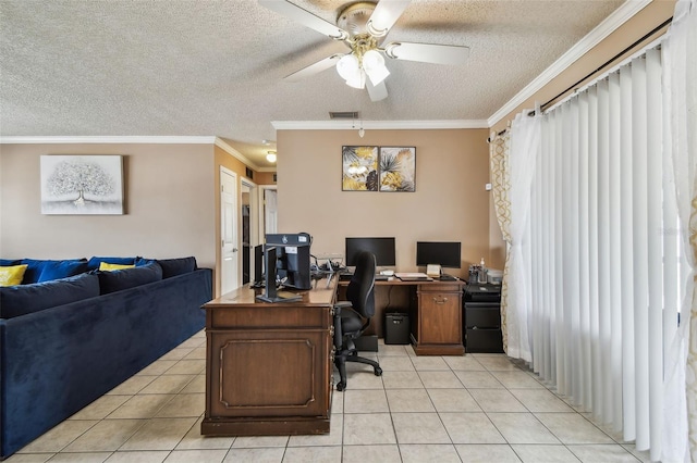 8531 Woodcrest Dr, Port Richey, FL 34668 - office area featuring crown molding, a textured ceiling, light tile patterned floors, and ceiling fan