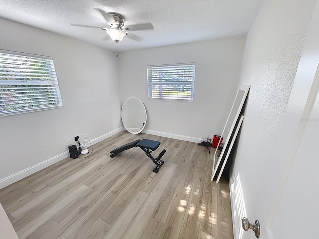 4715 W Chapin Ave, Tampa, FL 33611 - exercise room featuring light wood-type flooring, a ceiling fan, baseboards, and a textured ceiling
