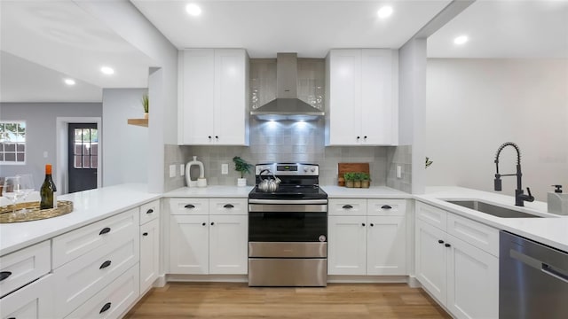 1715 N Alexander Rd, Tampa, FL 33603 - kitchen with appliances with stainless steel finishes, a sink, wall chimney exhaust hood, a peninsula, and light wood-type flooring